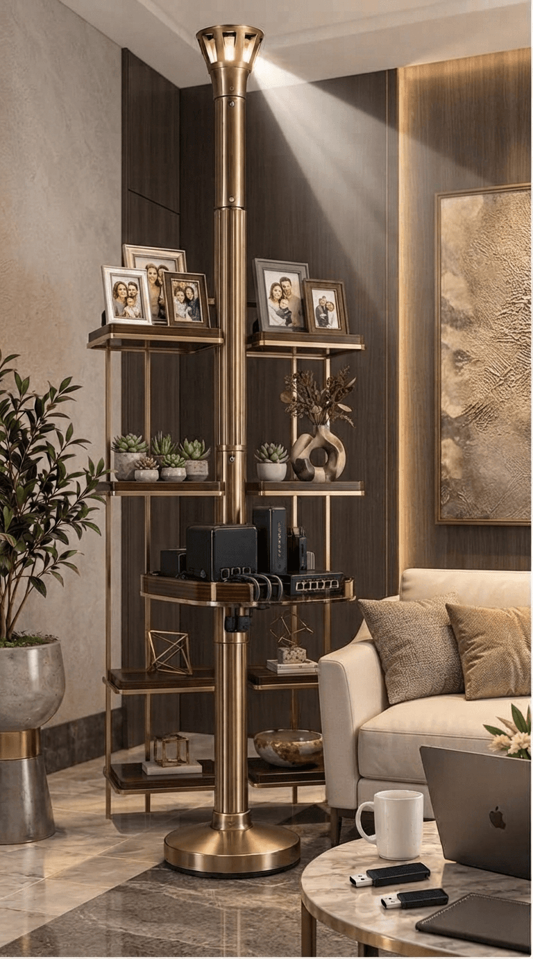 Brass modular LiFi pole in a contemporary living room