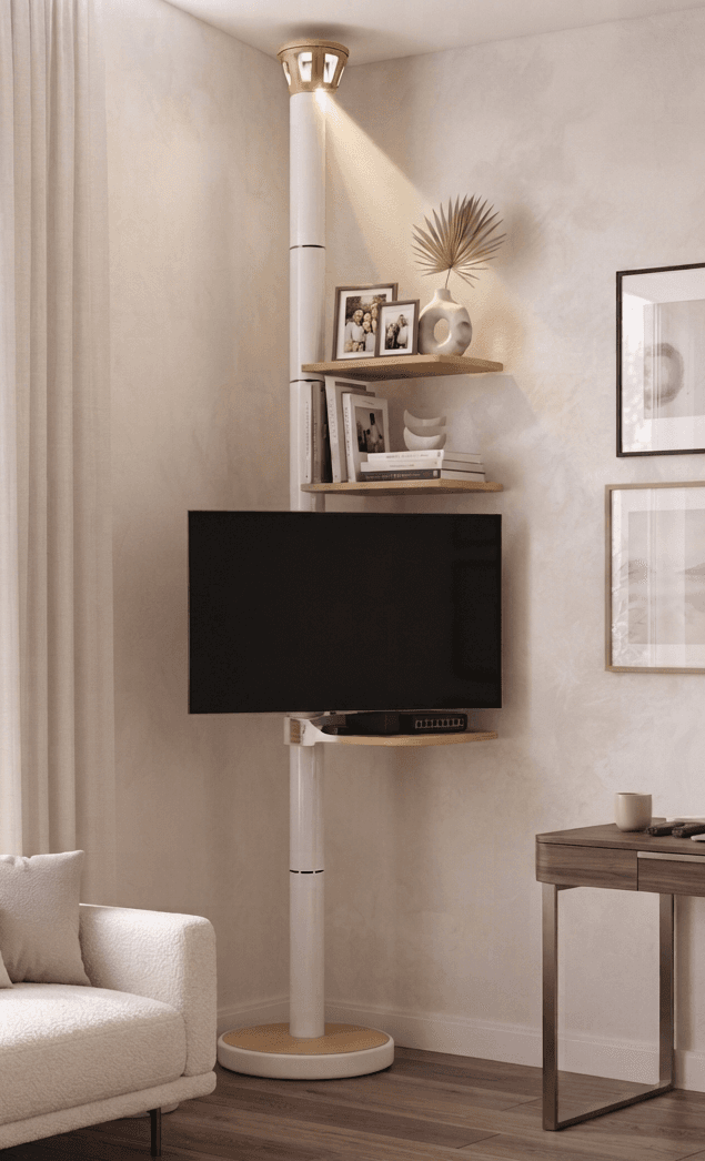 White LiFi pole with TV in a minimalist room