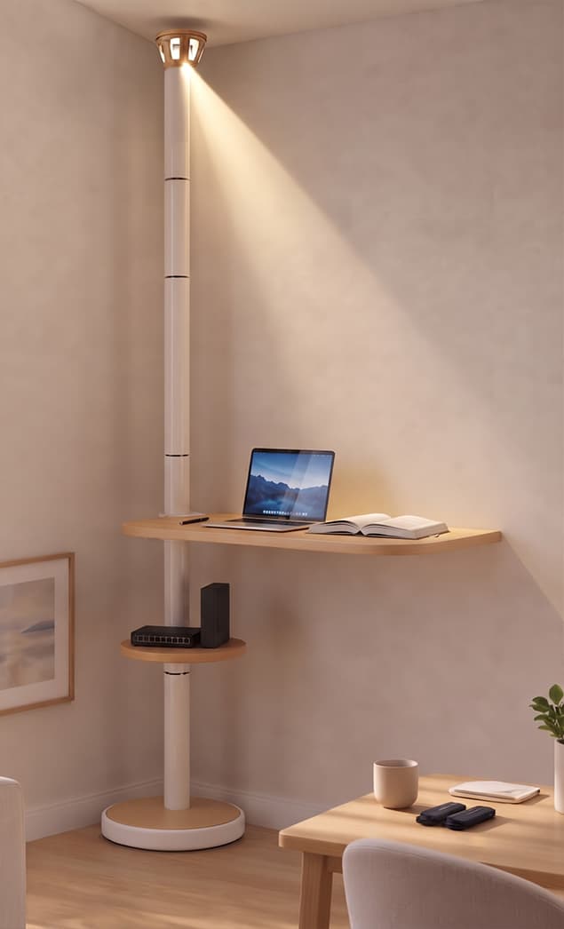 White LiFi Lamp styled as a standing-desk corner in a workspace