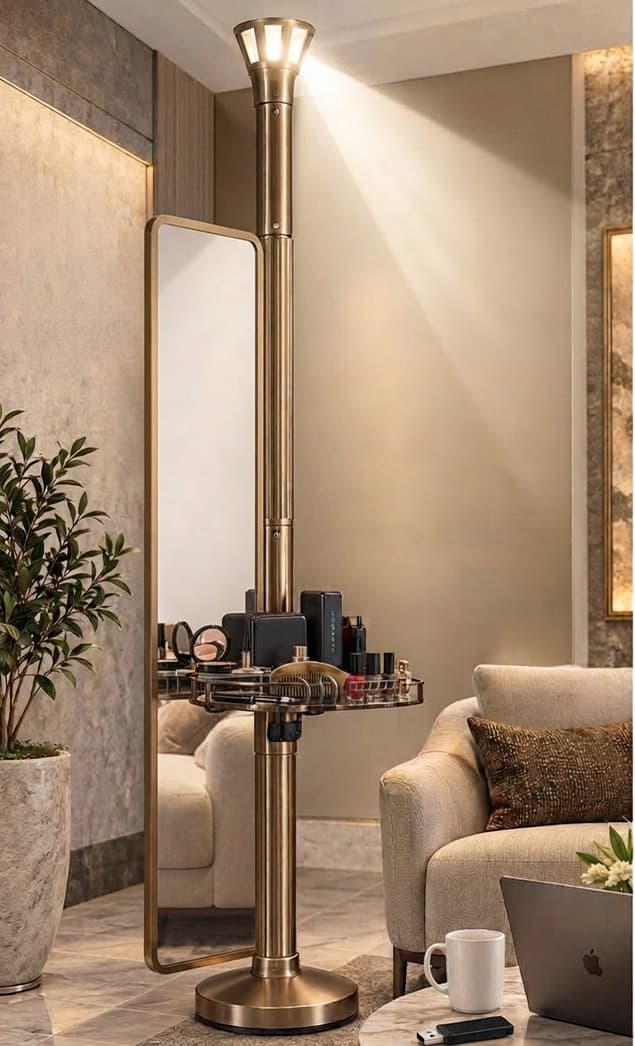 Gold LiFi Lamp styled beside a vanity