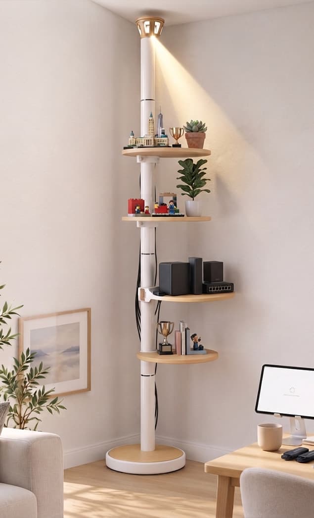 White LiFi Lamp styled with display shelves in a living room