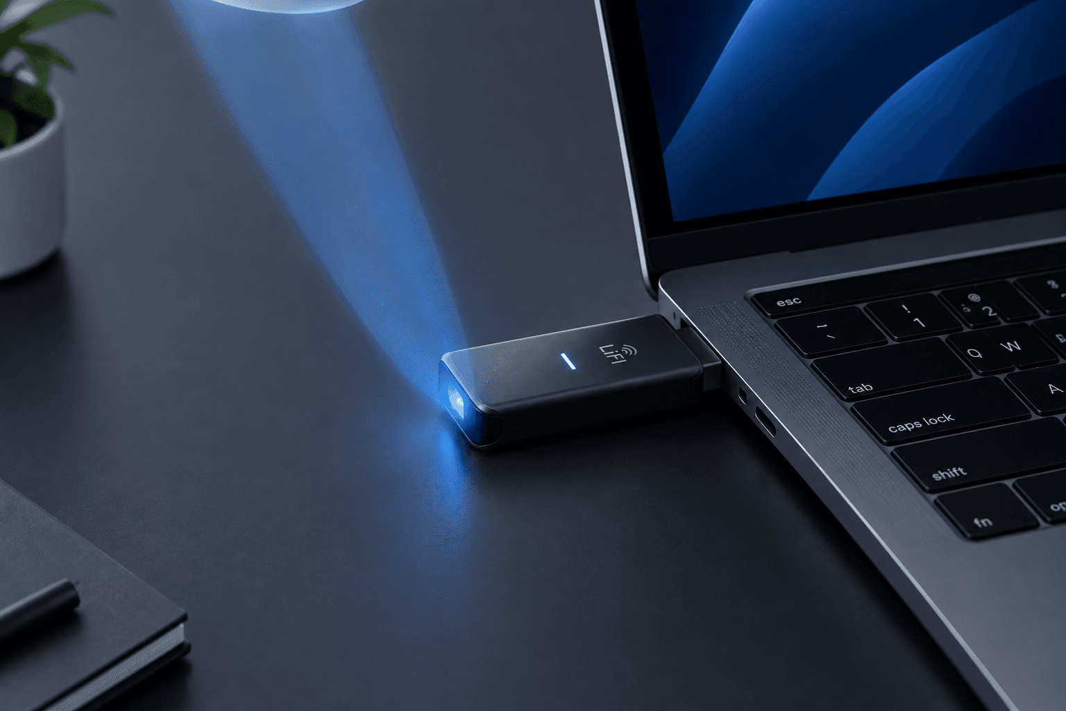 LumenFi USB LiFi dongle projecting a cyan light beam