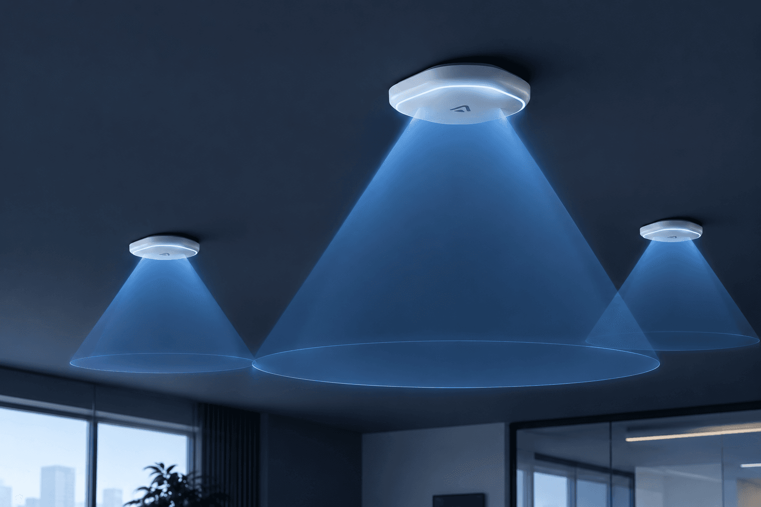 LumenFi photonic antennas casting cyan LiFi light cones